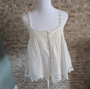 Lapis Silk Cotton Blend Lace Trim Button Front Cami Tank Top Coquette Fairy L